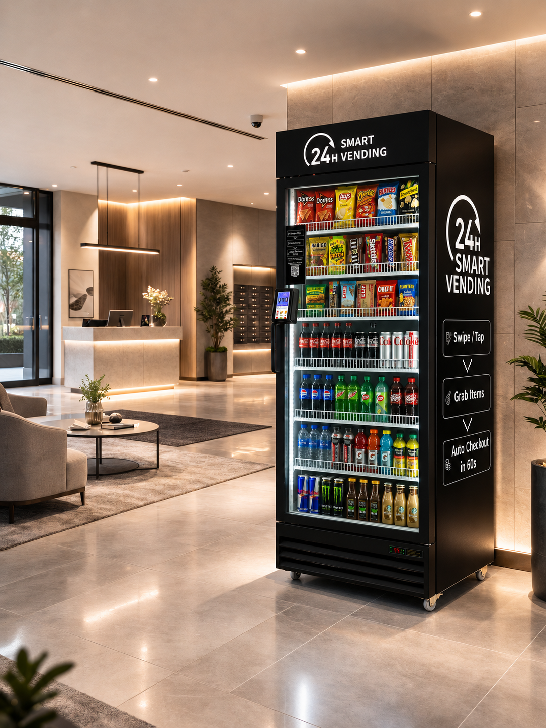 Pitstop Pantry smart cooler in a modern building lobby